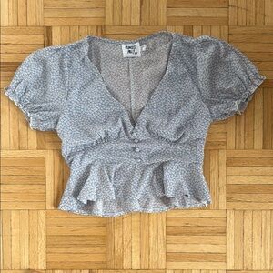 Princess Polly Blue and White Puff Sleeve Peplum Blouse